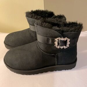 UGG Mini Crystal Side Brooch Black Boots - Women's Size 8 Sheepskin